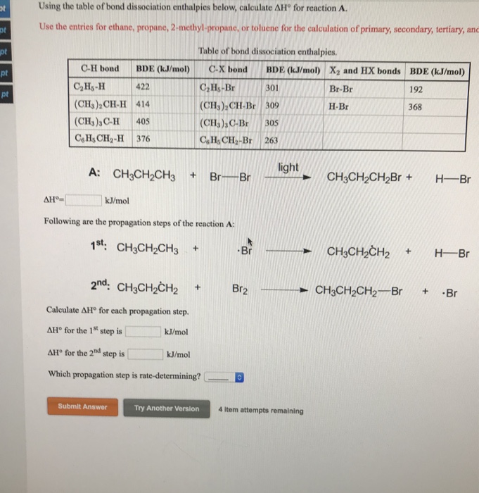 Solved Ot Using The Table Of Bond Dissociation Enthalpies | Chegg.com