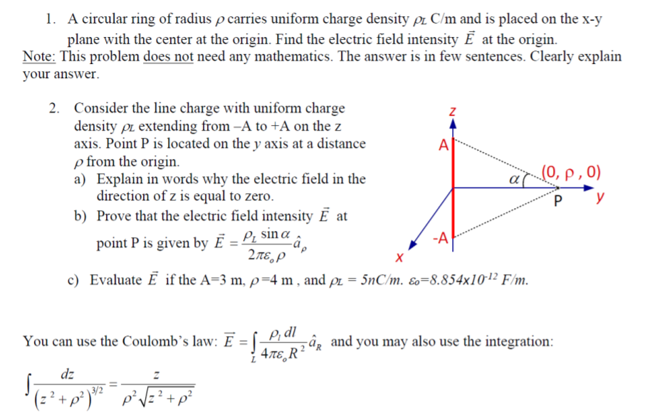 Solved 1. A circular ring of radius p carries uniform charge | Chegg.com