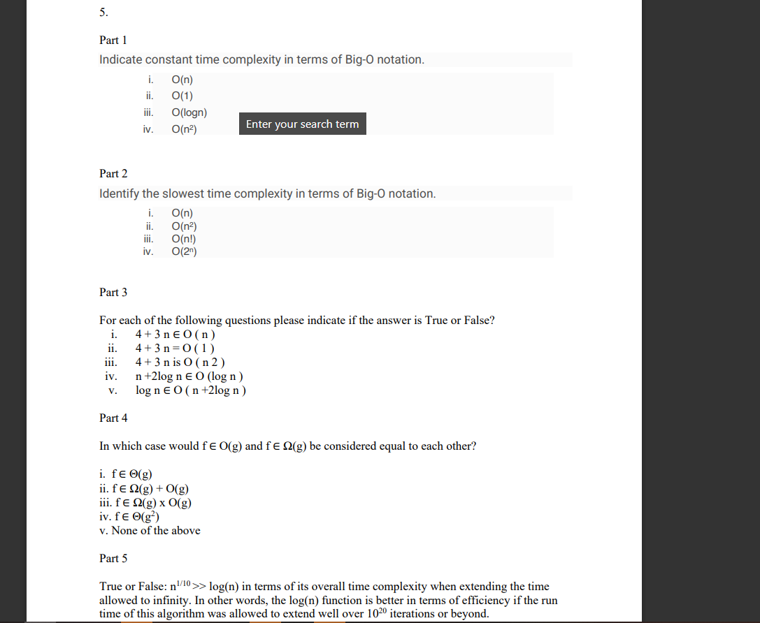 Solved 5. Part 1 Indicate constant time complexity in terms | Chegg.com