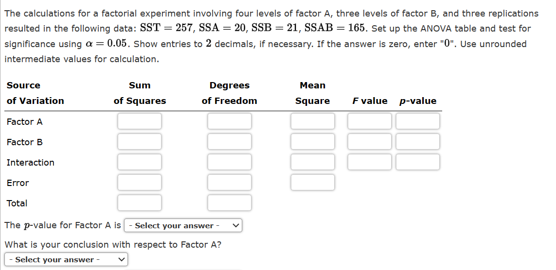 Solved The Calculations For A Factorial Experiment Involving | Chegg.com