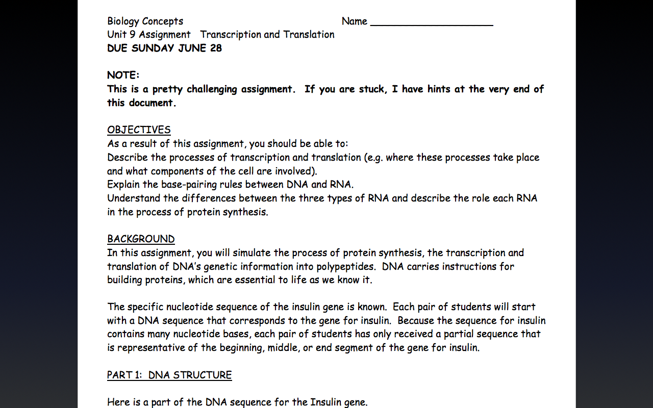 Name Biology Concepts Unit 9 Assignment Transcription Chegg Com