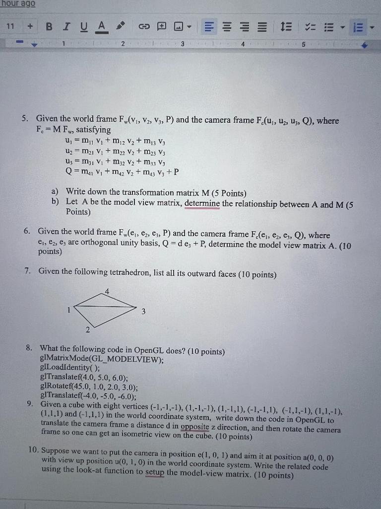 Solved hour ago 5. Given the world frame Fw(v1,v2,v3,P) and | Chegg.com