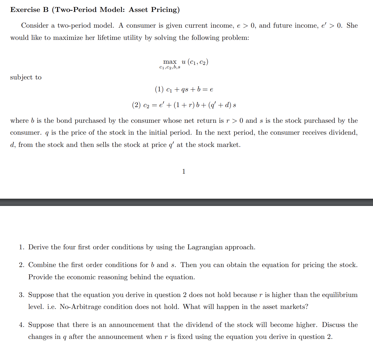 Solved Exercise B (Two-Period Model: Asset Pricing) Consider | Chegg.com