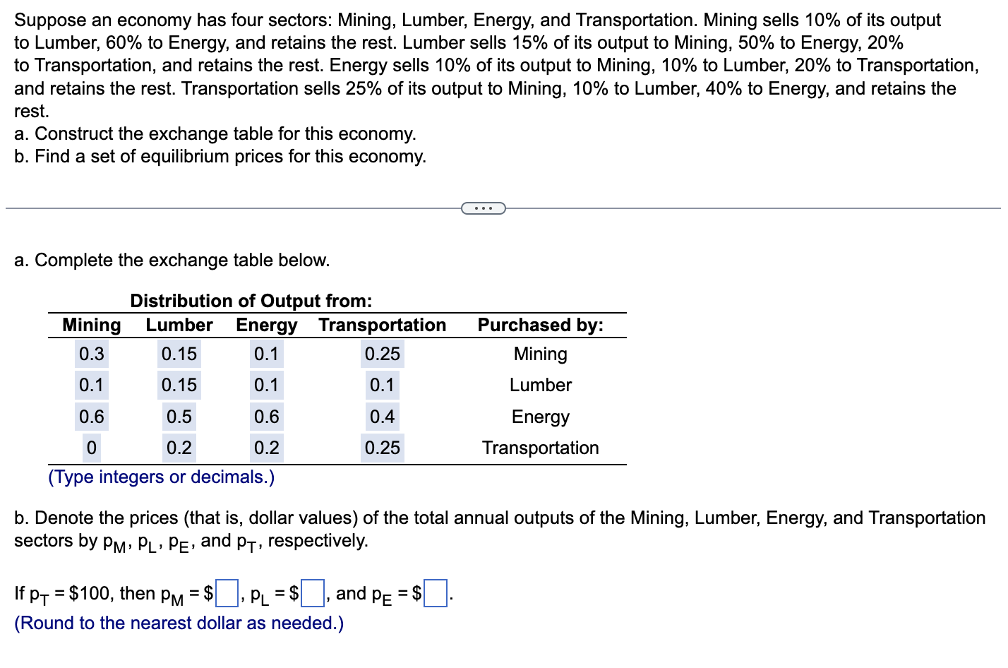 Suppose An Economy Has Four Sectors Mining Lumber Chegg Com