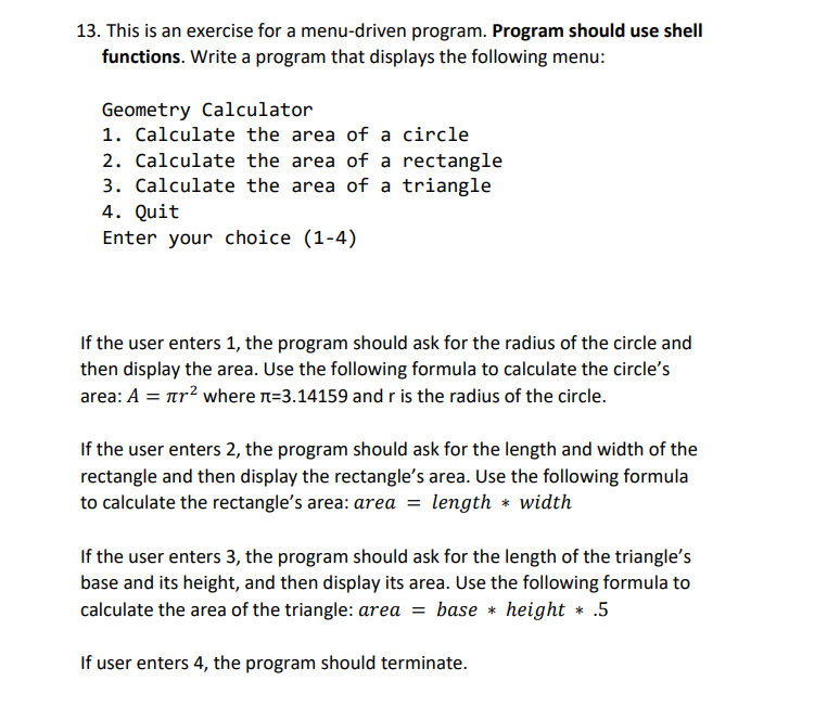 13. This is an exercise for a menu-driven program. | Chegg.com