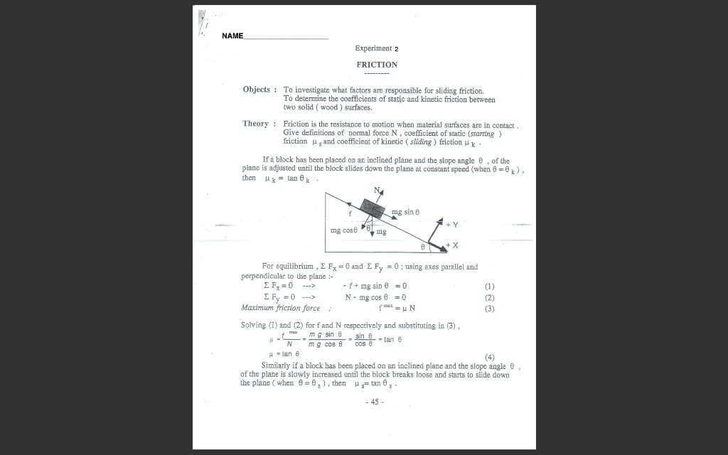 Solved NAME Experiment 2 FRICTION Objects: To investigate | Chegg.com