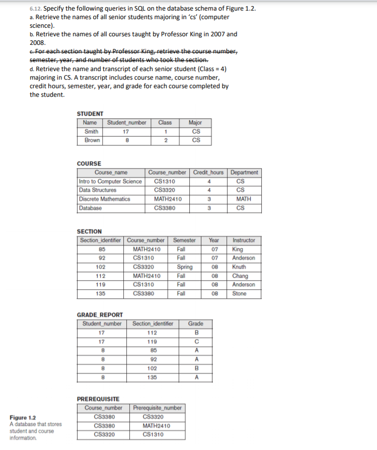 Solved 6.12. Specify The Following Queries In SQL On The | Chegg.com