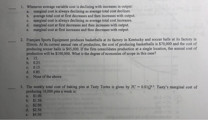 Solved: 1. Whenever Average Variable Cost Is Declining Wit... | Chegg.com