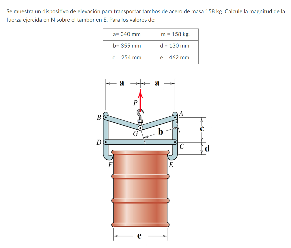 Se muestra un dispositivo de elevación para transportar tambos de acero de masa \( 158 \mathrm{~kg} \). Calcule la magnitud d