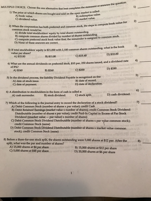 Solved tive that best completes the statement or answers the | Chegg.com