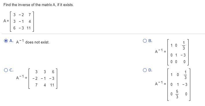 Solved Find The Inverse Of The Matrix A If It Exists Chegg Com