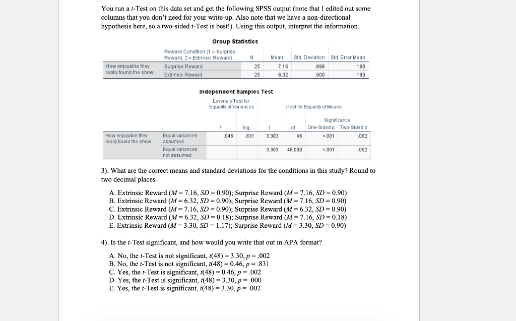 Solved You run a t-Test on this data set and get the | Chegg.com