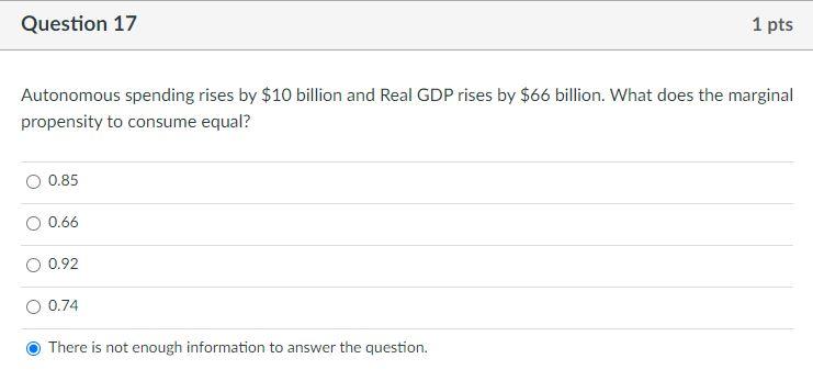 Solved Question 17 1 pts Autonomous spending rises by $10 | Chegg.com