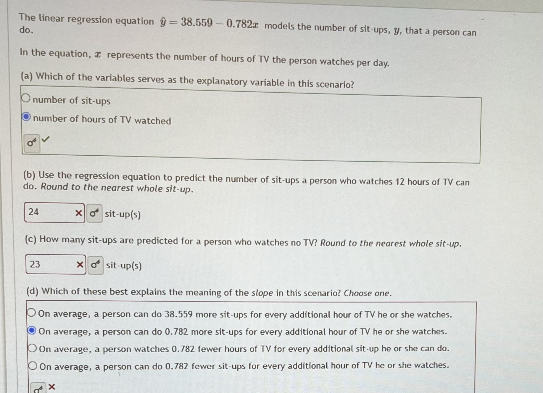 Solved The linear regression equation hat(y)=38.559-0.782 x | Chegg.com