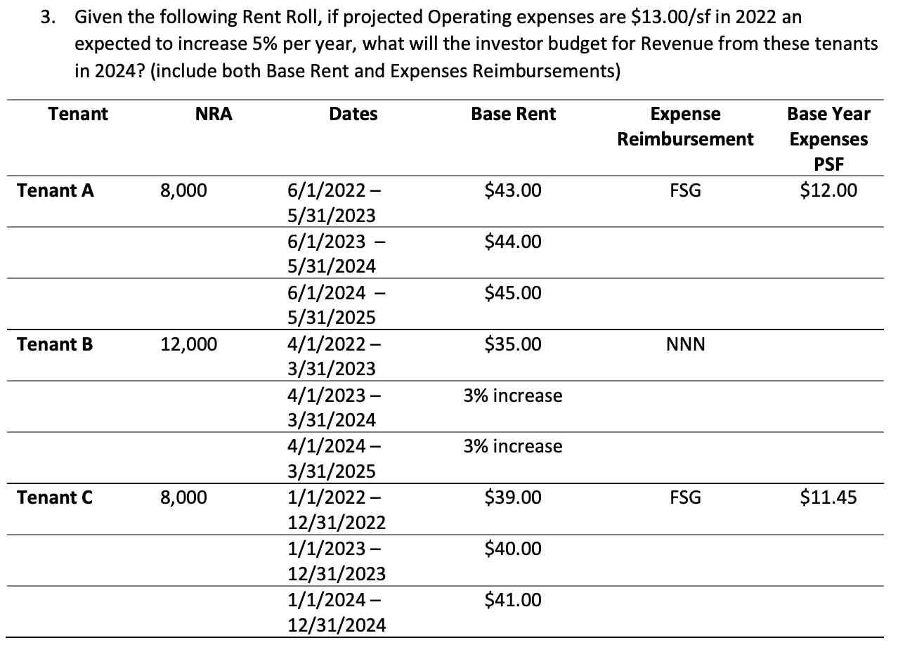Solved 3. Given the following Rent Roll, if projected | Chegg.com