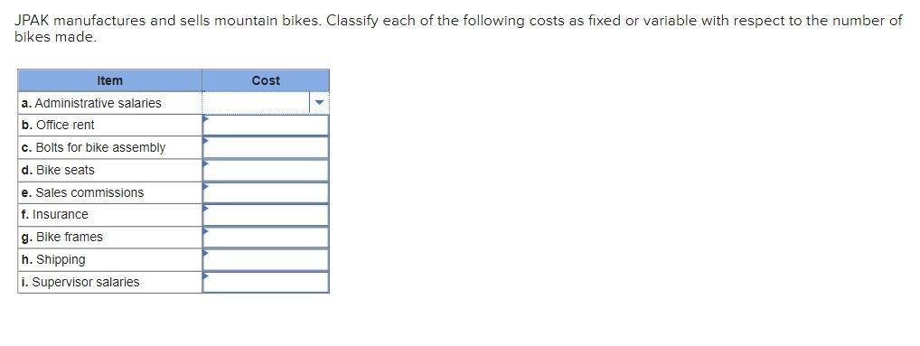 Solved JPAK Manufactures And Sells Mountain Bikes. Classify | Chegg.com