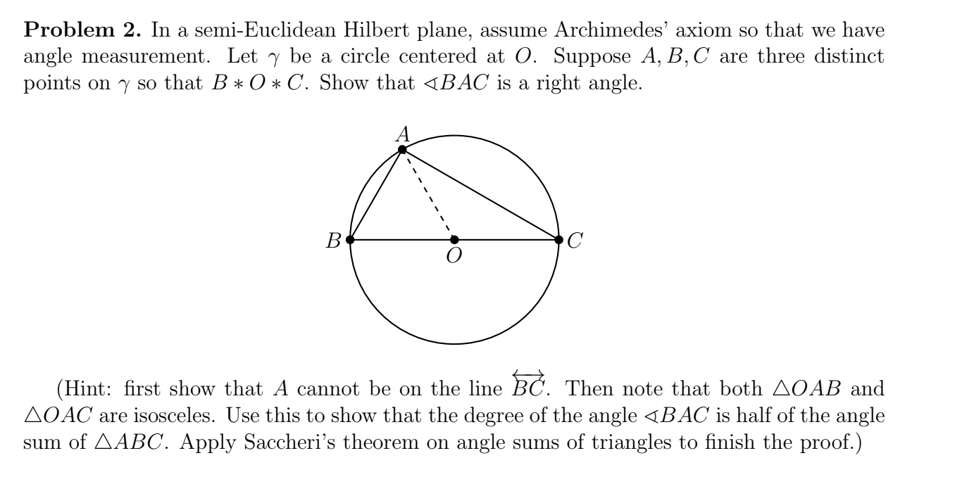 Solved Problem 2. In a semi-Euclidean Hilbert plane, assume | Chegg.com