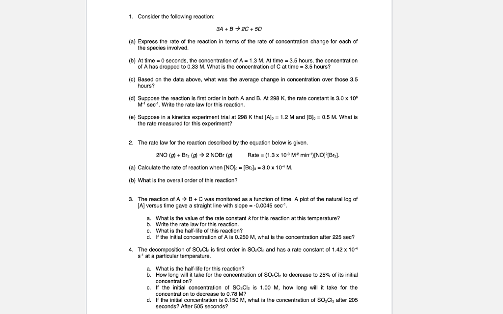 1. Consider the following reaction: 3A+B→2C+5D (a) | Chegg.com