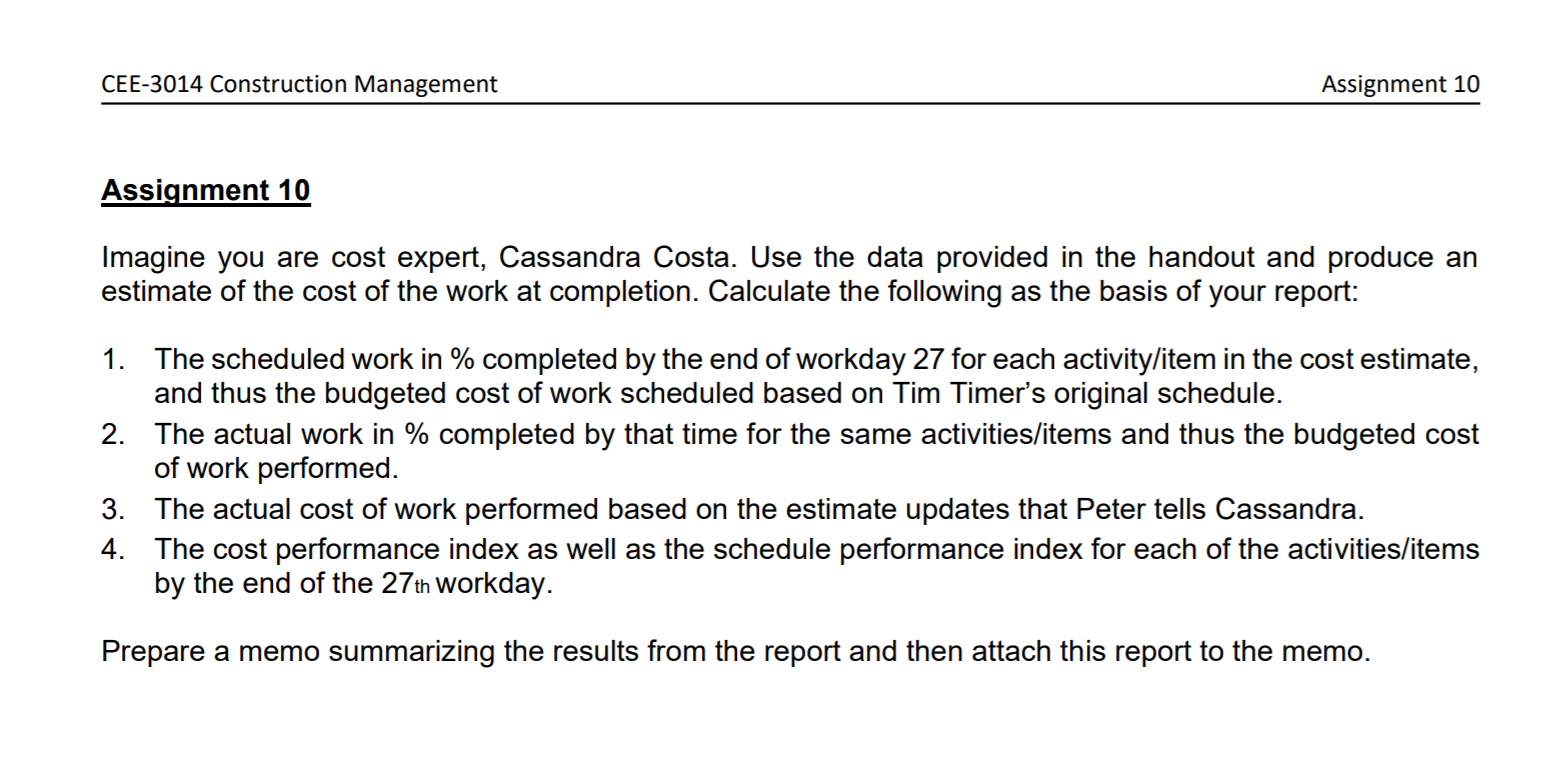 Solved CEE-3014 CONSTRUCTION MANAGEMENT ASSIGNMENT 10 - THE | Chegg.com