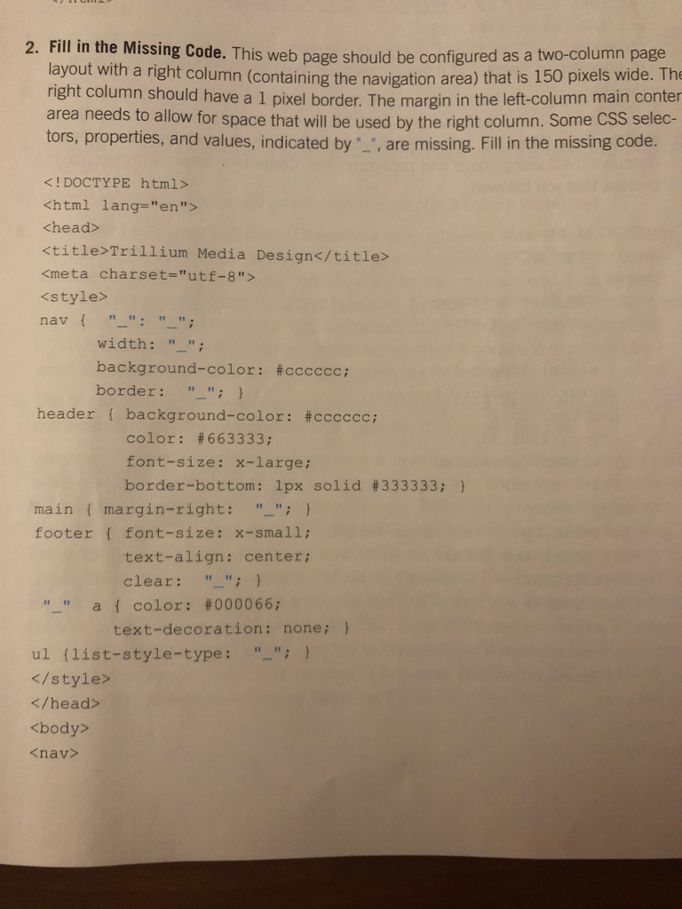 2. Fill in the Missing Code. This web page should be | Chegg.com