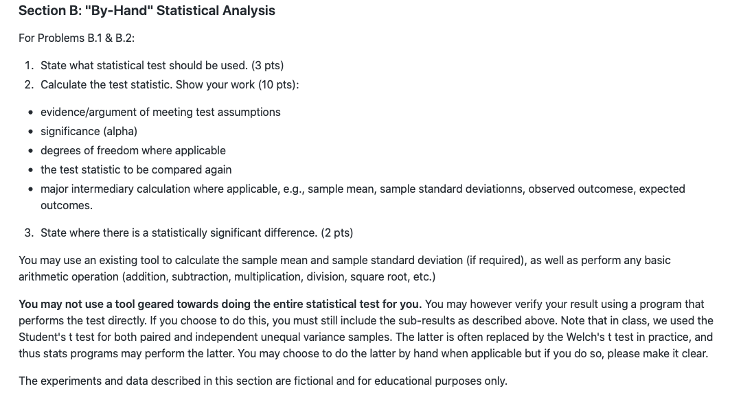 Section B: "By-Hand" Statistical Analysis For | Chegg.com