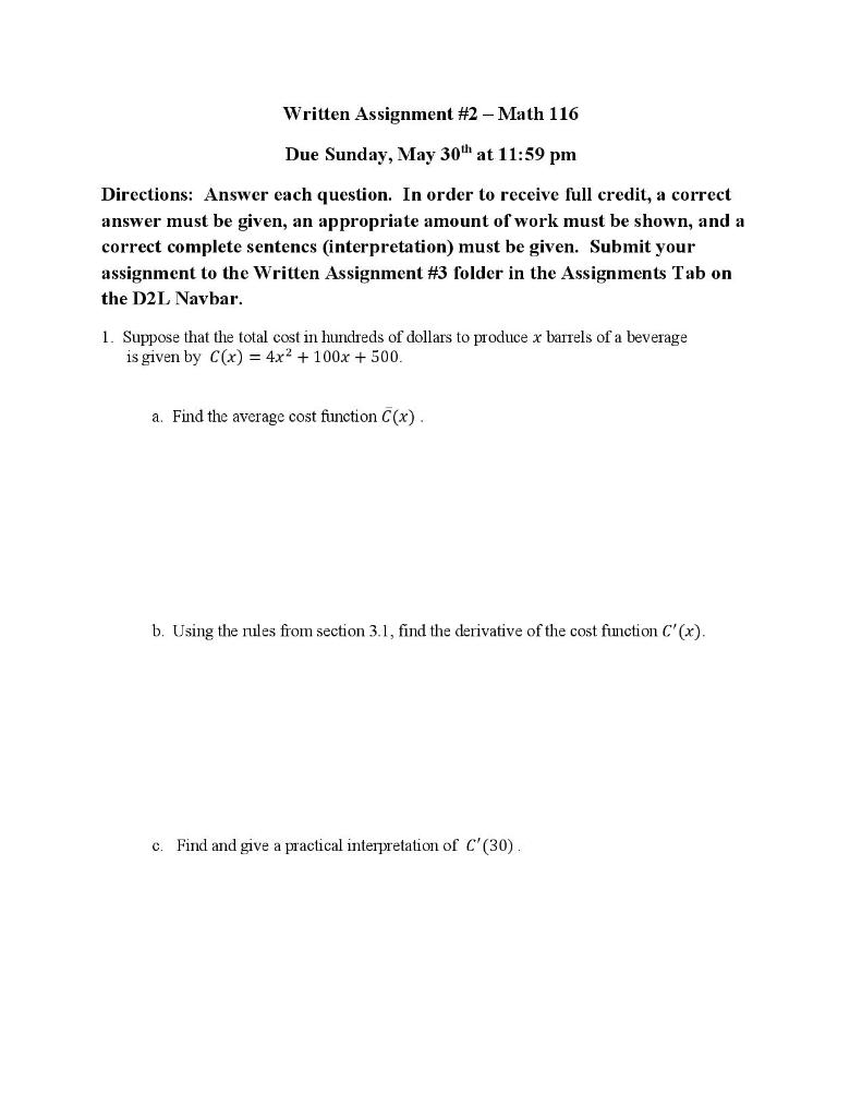 Solved Written Assignment #2 - Math 116 Due Sunday, May 30 | Chegg.com