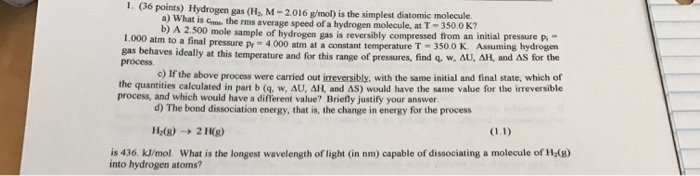 Solved Hydrogen Gas(h 2, M = 2.016 G Mol) Is The Simplest 