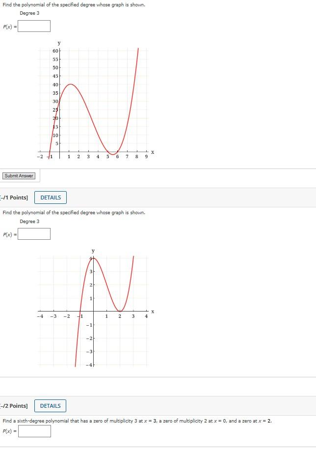 Find the polynomial of the specified degree whose graph is shown.
Degree 3
\[
P(x)=
\]
-/2 Points]
Find a sixth-degree polyno