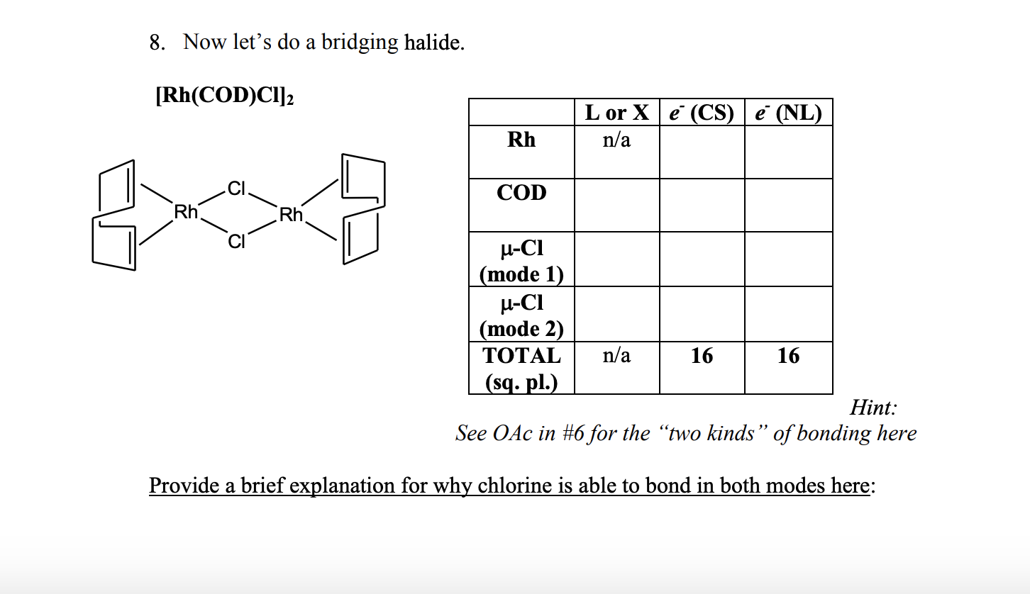 Solved 8 Now Let S Do A Bridging Halide Rh Cod C1 2 L Chegg Com