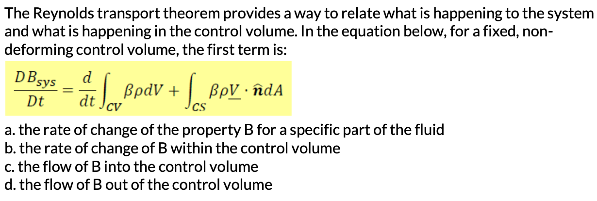 Solved The Reynolds Transport Theorem Provides A Way To | Chegg.com