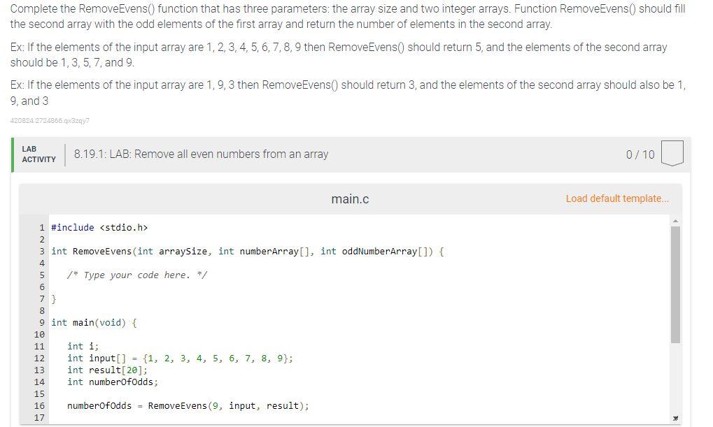 Solved Complete the RemoveEvens() function that has three | Chegg.com