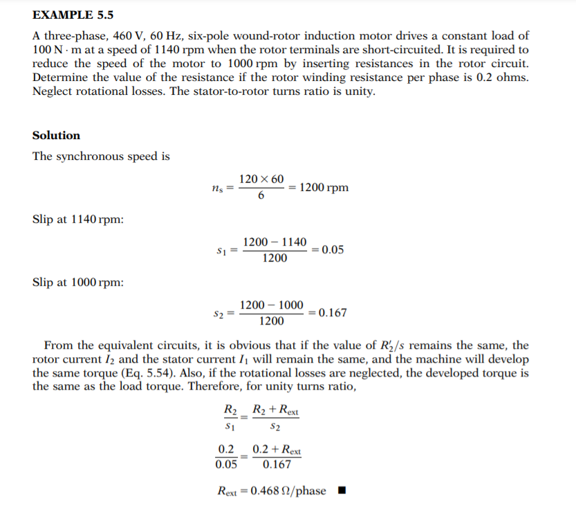 Solved The motor in Example 5.5 is running at rated | Chegg.com