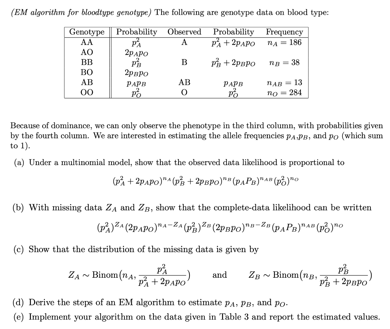 Solved (EM algorithm for bloodtype genotype) The following | Chegg.com