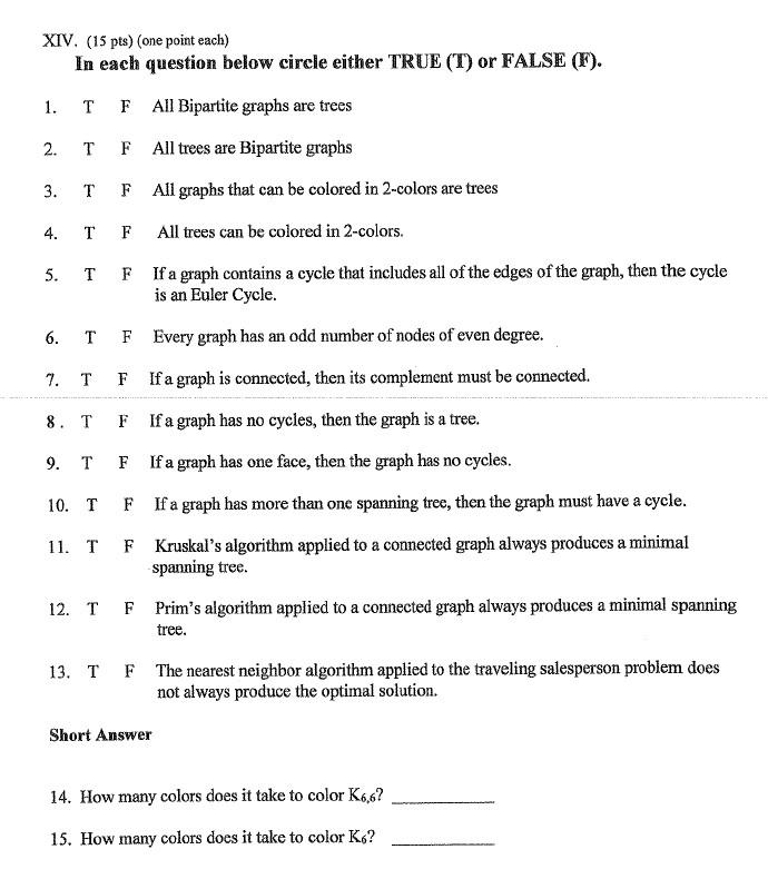 Solved XIV. (15 pts) (one point each) In each question below | Chegg.com