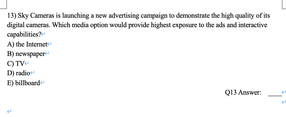 13) Sky Cameras is launching a new advertising campaign to demonstrate the high quality of its digital cameras. Which media o