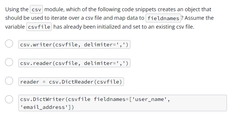 Solved Using the csv module, which of the following code | Chegg.com