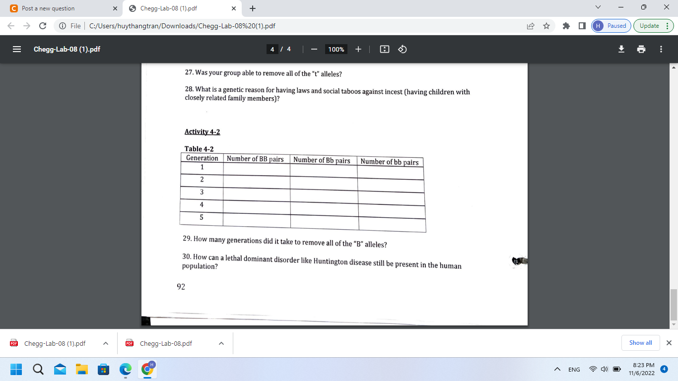 27. Was your group able to remove all of the  \( t \)  alleles?
28. What is a genetic reason for having laws and social tab