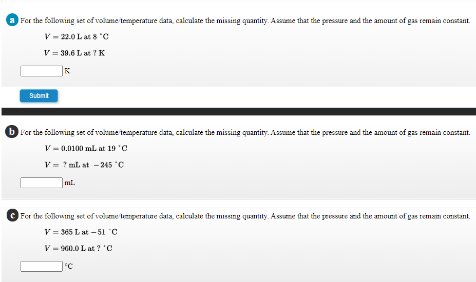 Solved a For the following set of volume temperature data, | Chegg.com