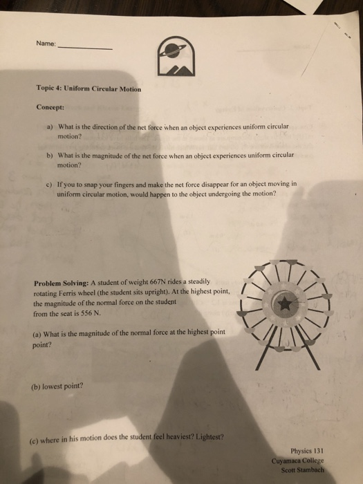 Solved Name Topic 4 Uniform Circular Motion Concept What
