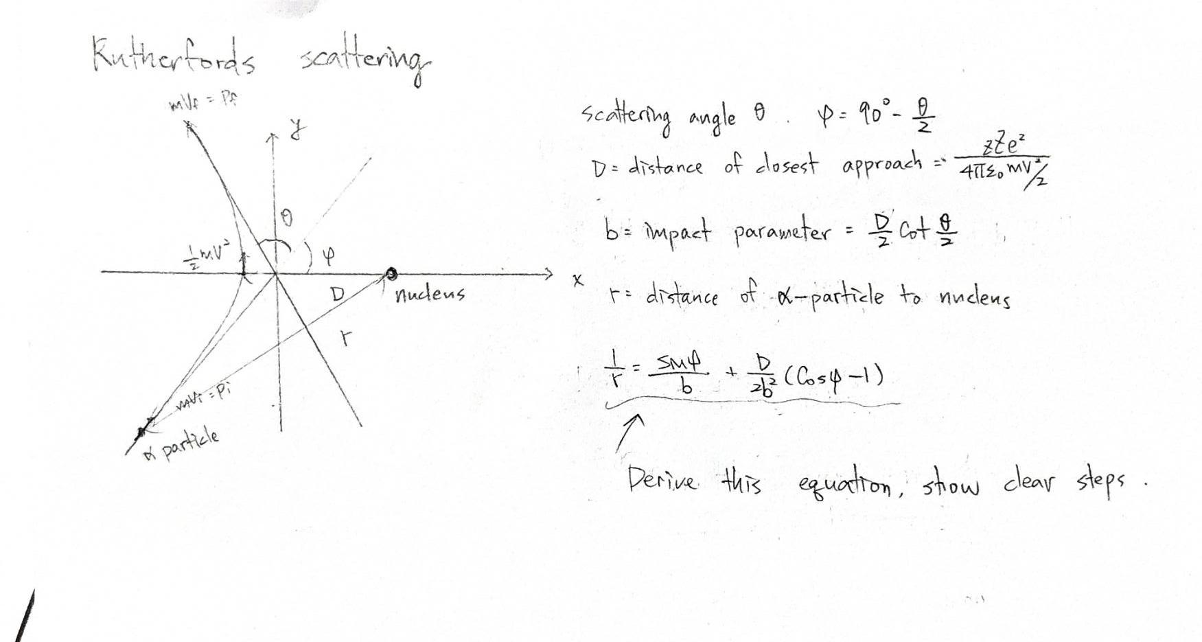 Kuthertords scattering
Scattering angle \( \theta, \quad \varphi=90^{\circ}-\frac{\theta}{2} \)
\( D= \) distance of dosest a