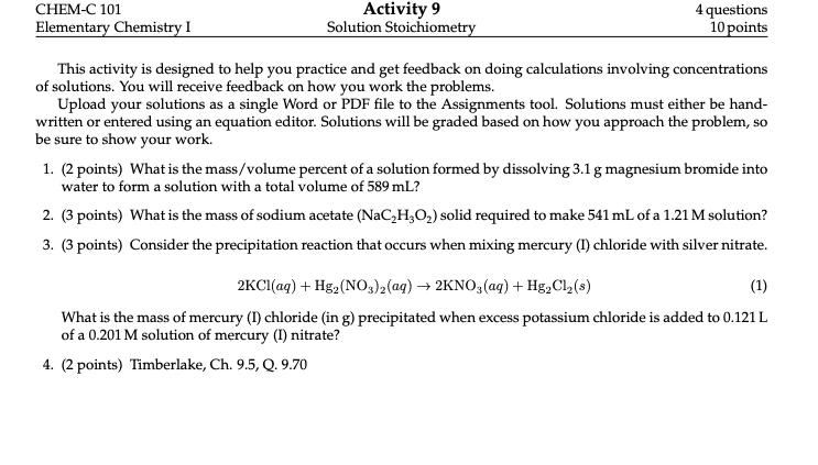 Solved CHEM-C 101 Elementary Chemistry I Activity 9 Solution | Chegg.com