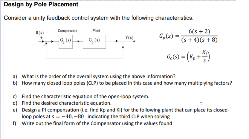 Solved Design by Pole Placement Consider a unity feedback | Chegg.com