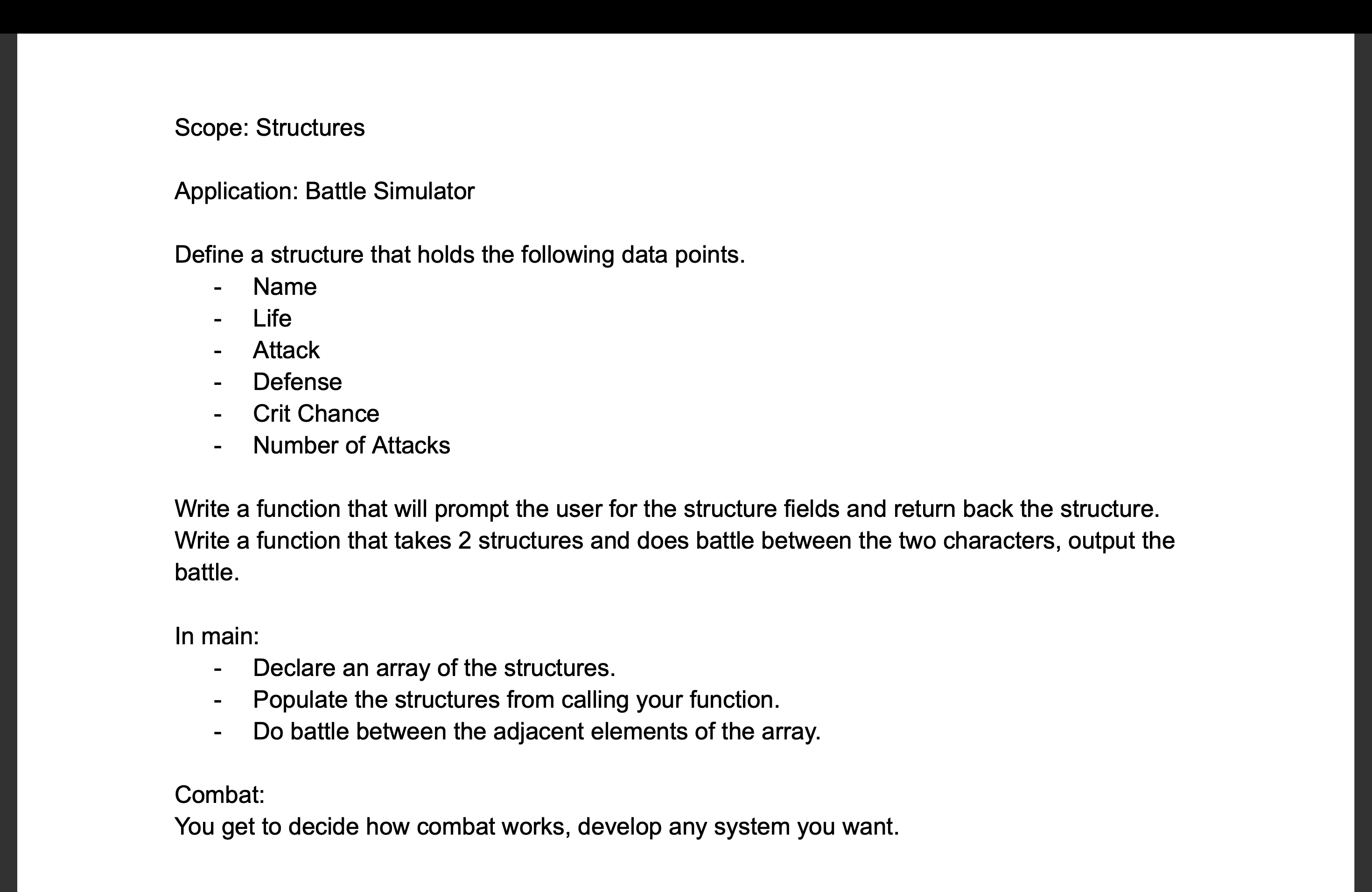 Solved in c programming Scope: StructuresApplication: Battle | Chegg.com