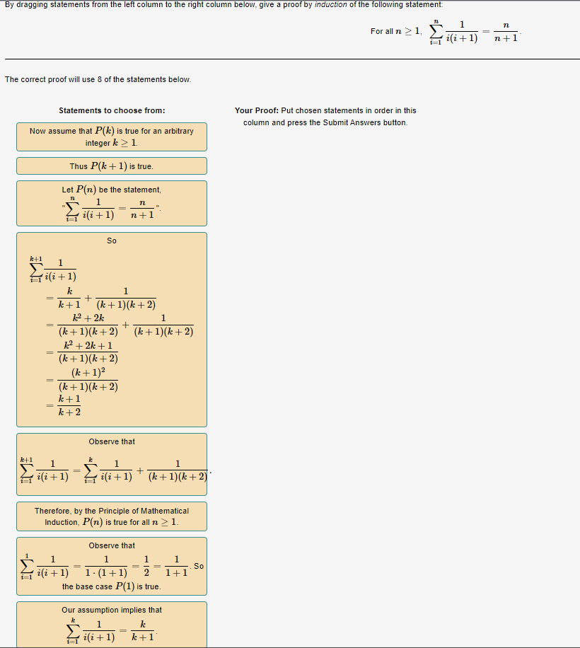 Solved For all n≥1,∑i=1ni(i+1)1=n+1n The correct proof will | Chegg.com