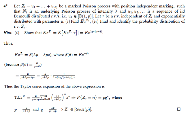 Solved 4* Let Zt=u1+…+uNt be a marked Poisson process with | Chegg.com