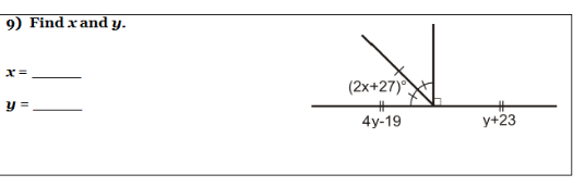 9) Find \( x \) and \( y \). \[ x= \] \[ \boldsymbol{y}= \]