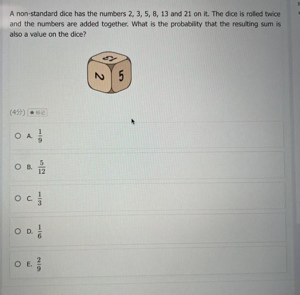 Solved A nonstandard dice has the numbers 2, 3, 5, 8, 13