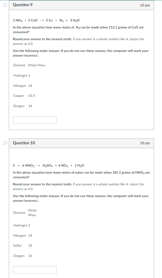 Solved Question 9 10 pts 2 NH3 + 3 CuO --> 3 Cu + N2 + 3 H20 | Chegg.com