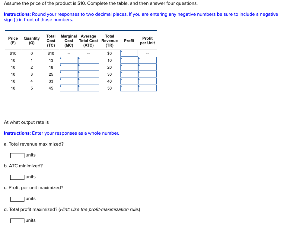 Solved Assume the price of the product is $10. Complete the | Chegg.com