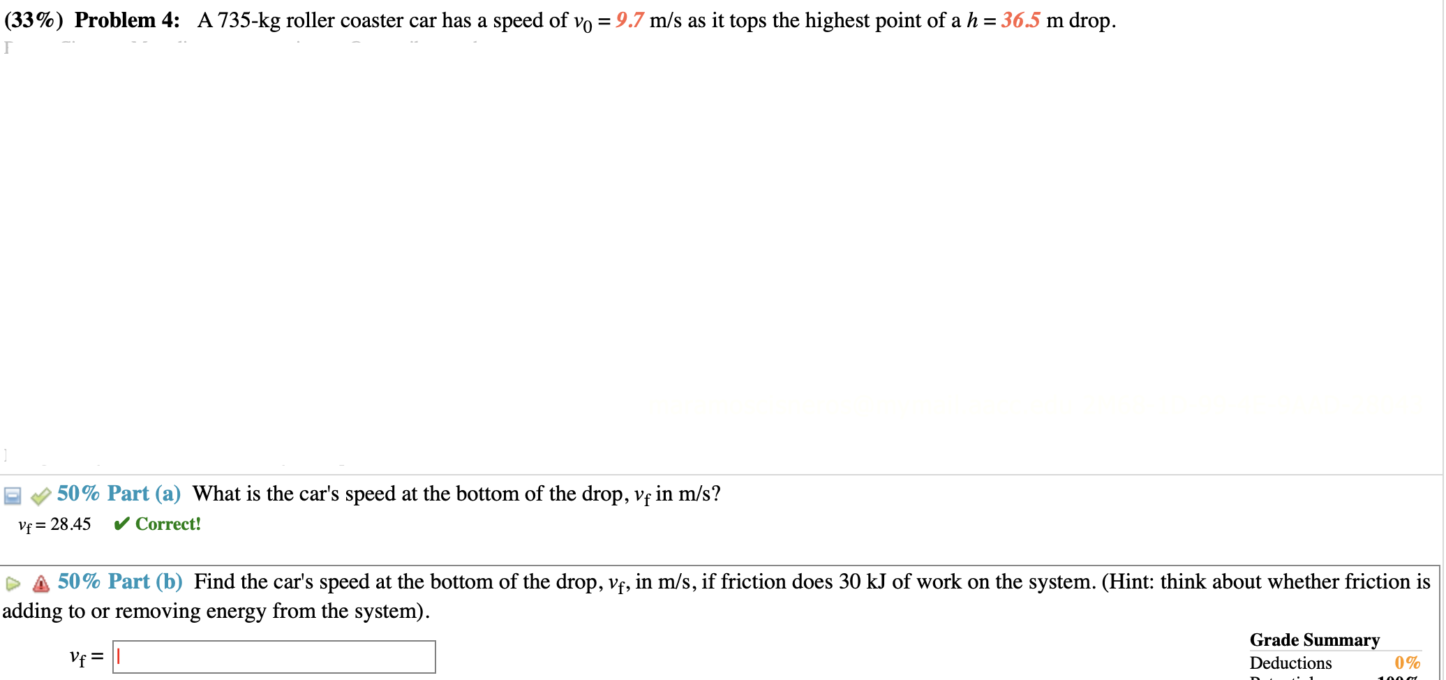 Solved 33 Problem 4 A 735 kg roller coaster car has a Chegg